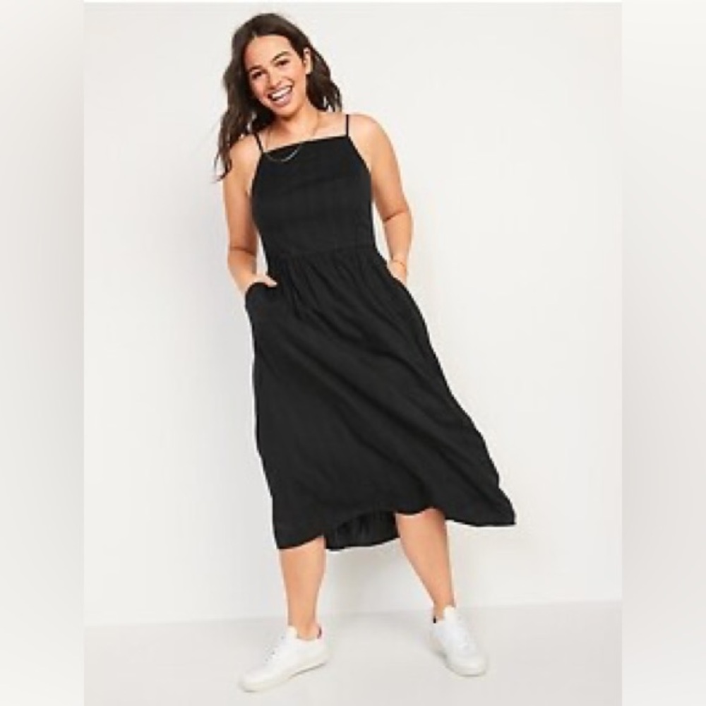 Brand new black cotton blend strappy midi dress